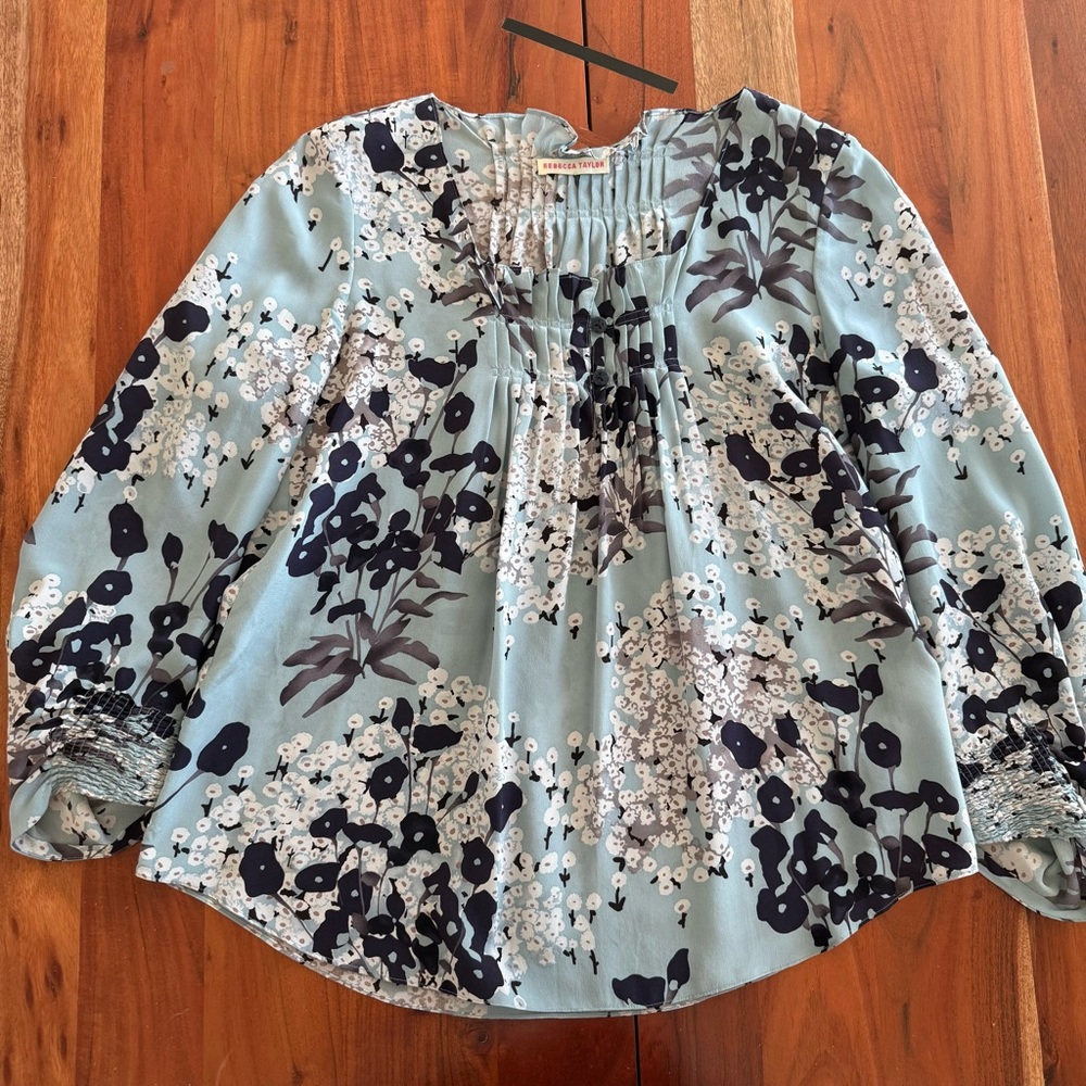 Rebecca Taylor Floral Print Silk Blouse in Blue and White - Picture 1 of 7
